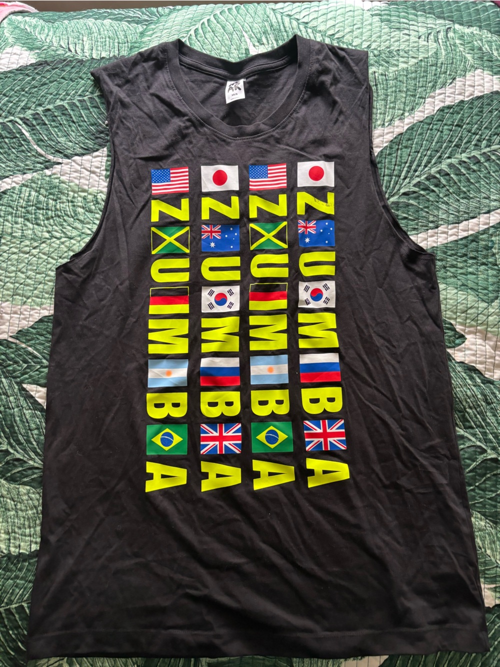 Zumba world Black Sleeveless Graphic Tank with Neon Flags